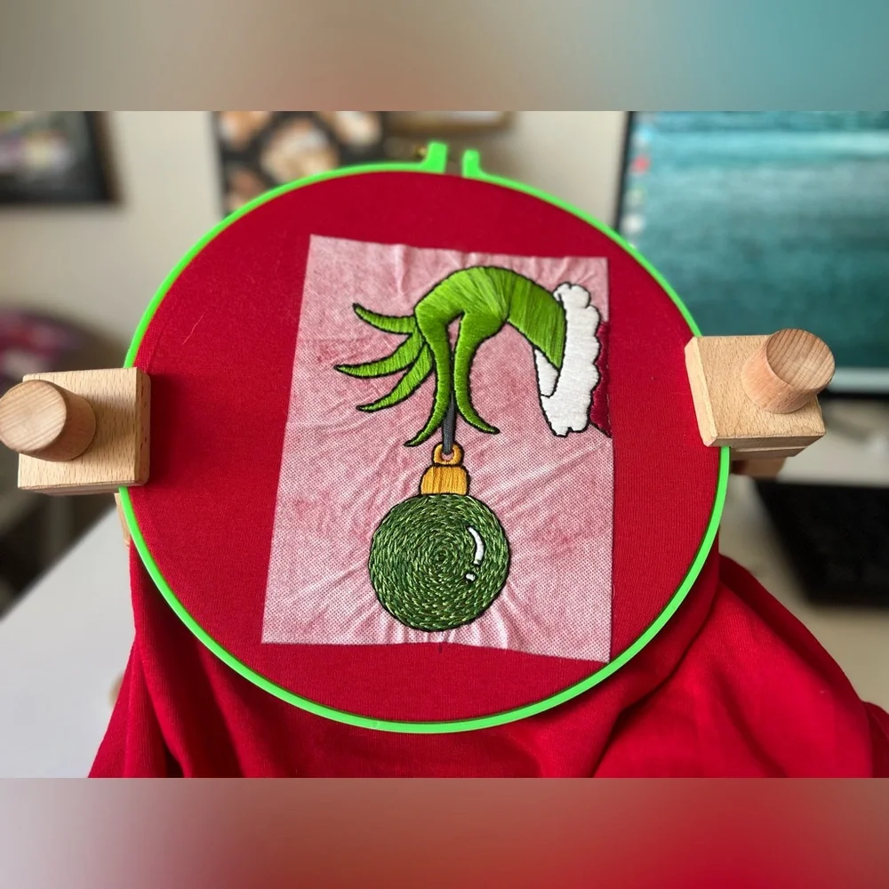 Handmade Embroidered Christmas Red Sweater โข Grinch Hand Ornament - Unisex - Picture 13 of 13